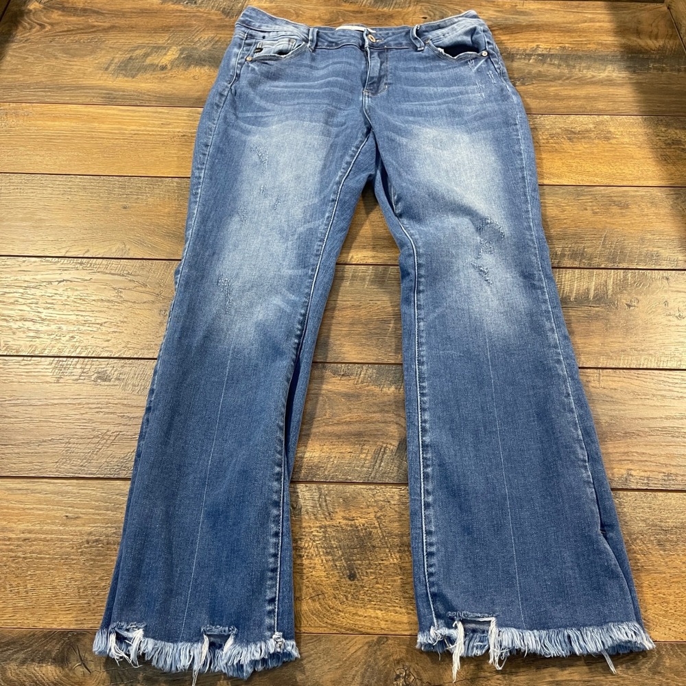 KanCan Los Angeles Flared Raw Hem Distressed Jeans Medium Wash 14 Stretch Boho